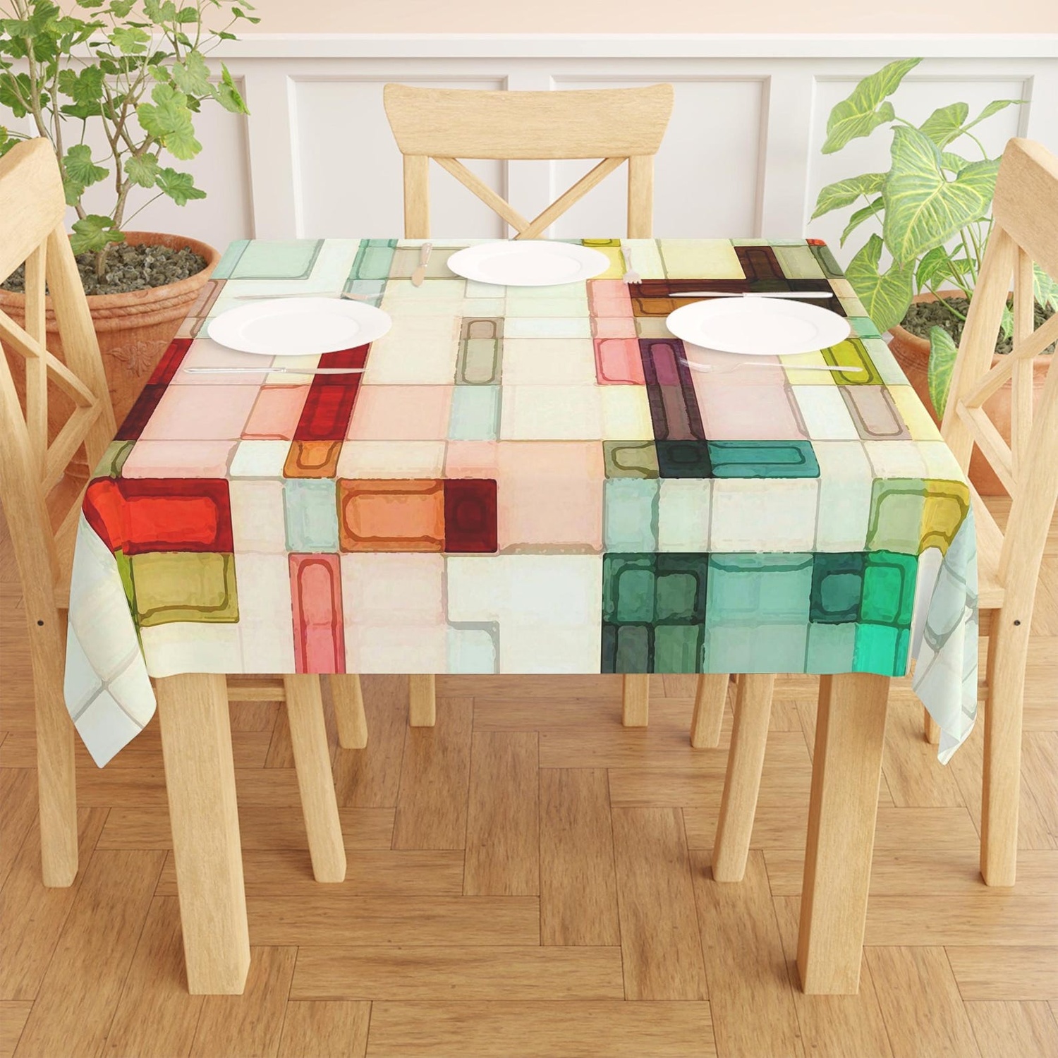 Century Textile & Sewing Supply Hours - Geometric Watercolor Square Tablecloth, Mid-Century Modern