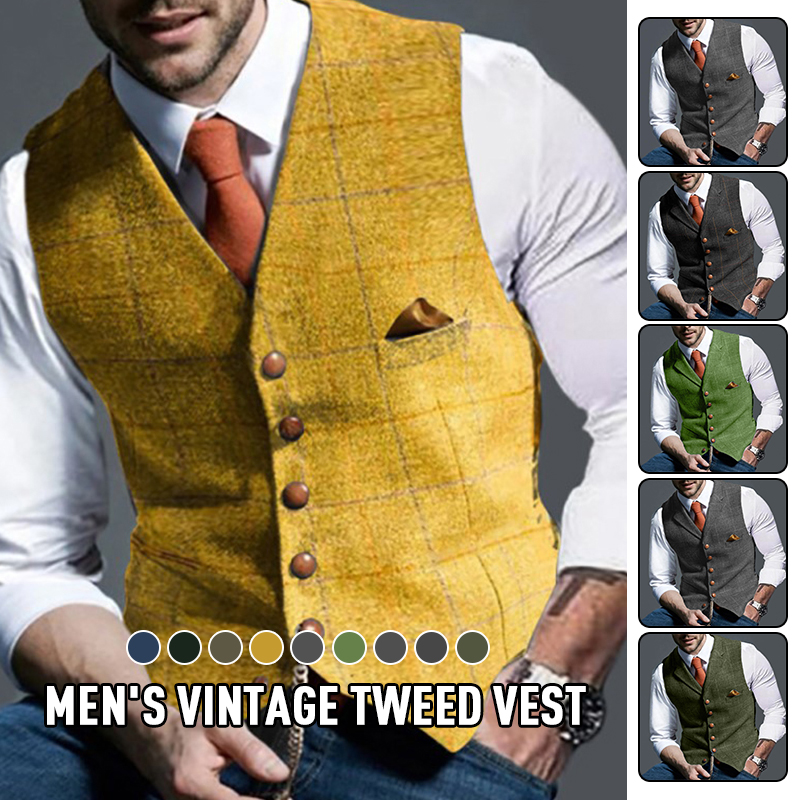Sewing Tweed - Fashion Men's Vests Lapel Tweed Plaid